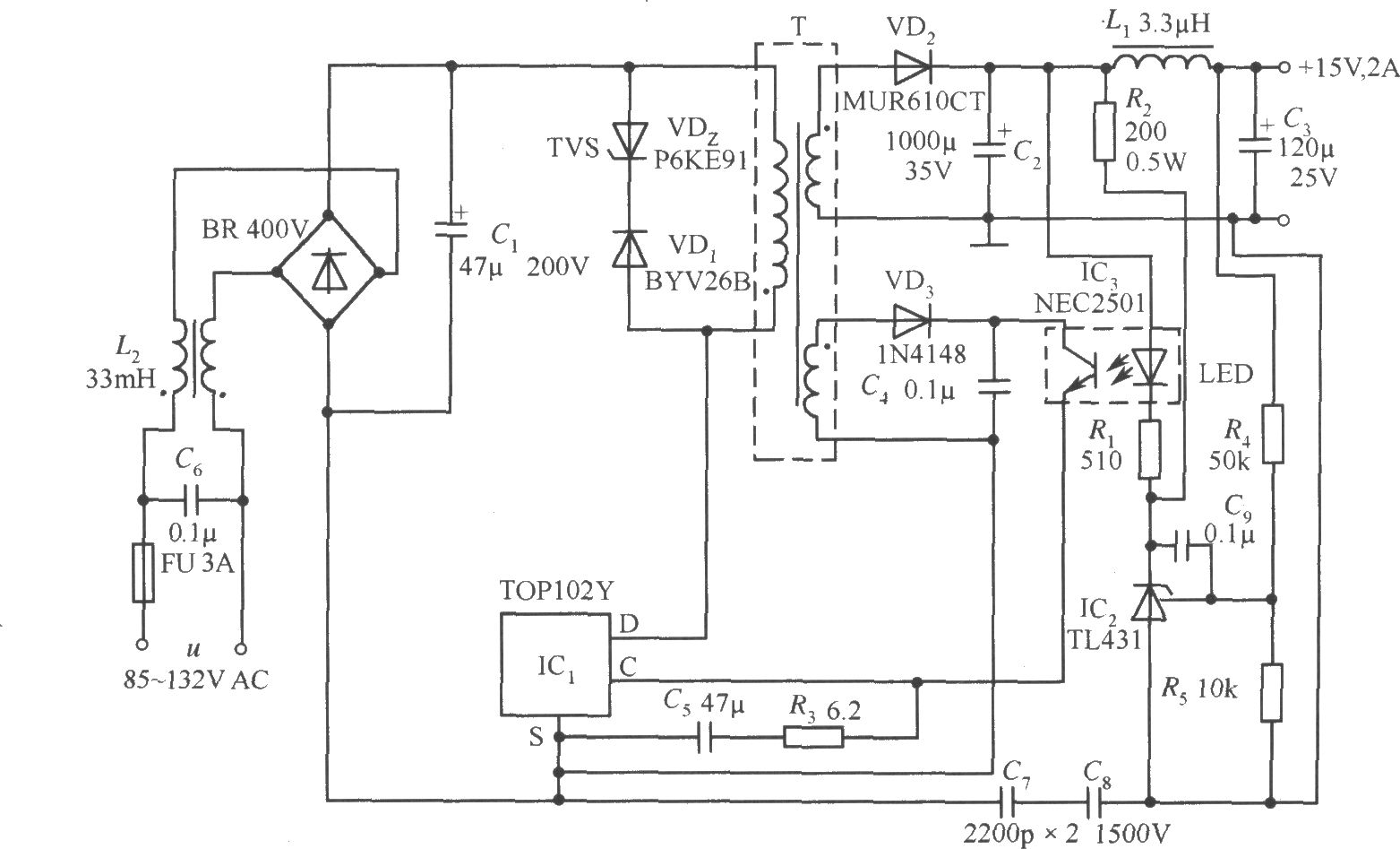 TOP102Y構(gòu)成的 15V,、2A開關(guān)直流穩(wěn)壓電源電路