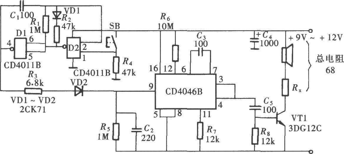 用CD4046组成的相移式报警声发生器