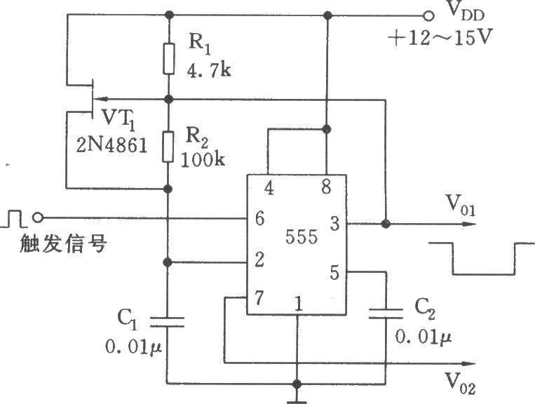 兩路輸出負(fù)向定時(shí)脈沖電路(555)