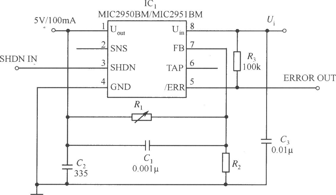 MIC2951構(gòu)成的輸出電壓連續(xù)可調(diào)的穩(wěn)壓電源電路