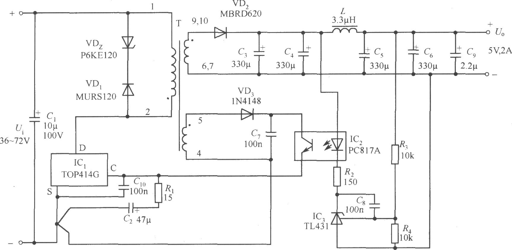 TOP414G構(gòu)成的5V、2A隔離式開(kāi)關(guān)電源電路