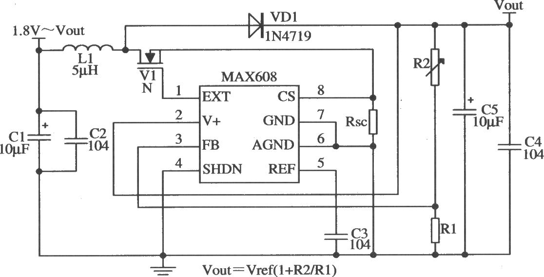 MAX608構(gòu)成可調(diào)式輸出的應用電路