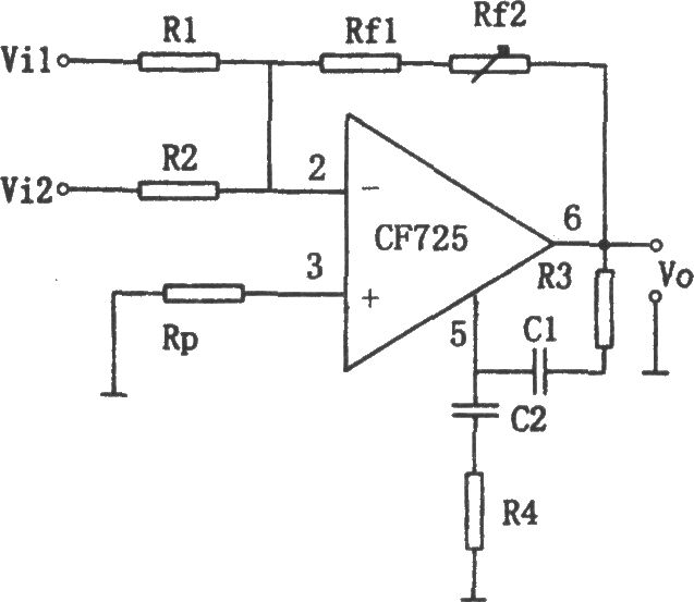 CF725构成的增益可调加法电路