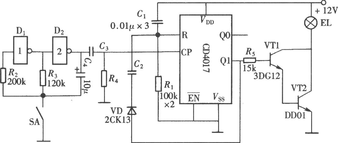 由CD4017組成的夜間安全指示閃光燈電路