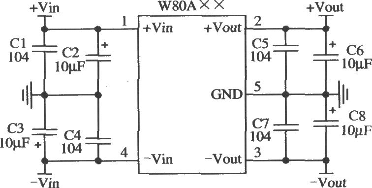 五端固定输出正负双集成稳压器lw80a××的典型应用电路