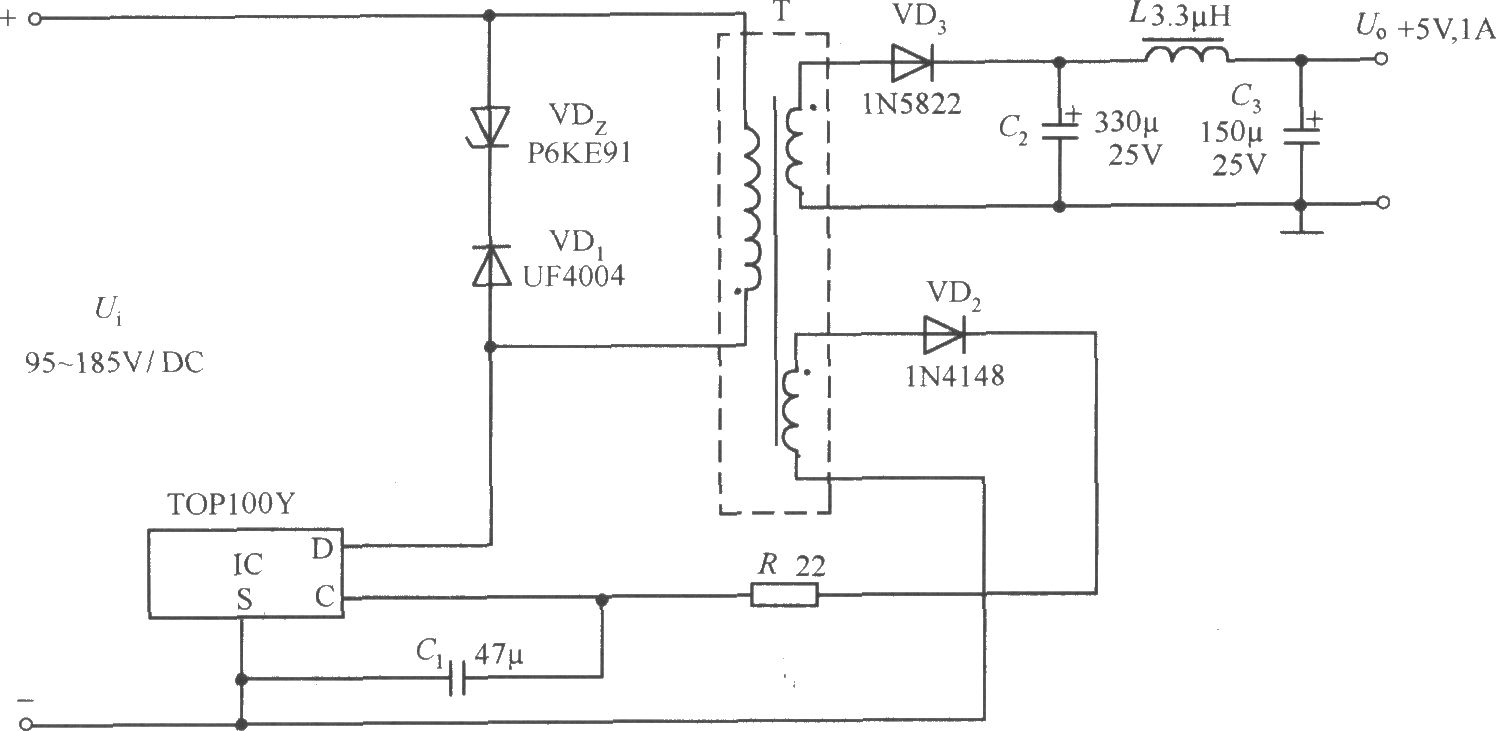 TOP100Y构成的 5V、1A输出的反激式直流开关稳压电源电路