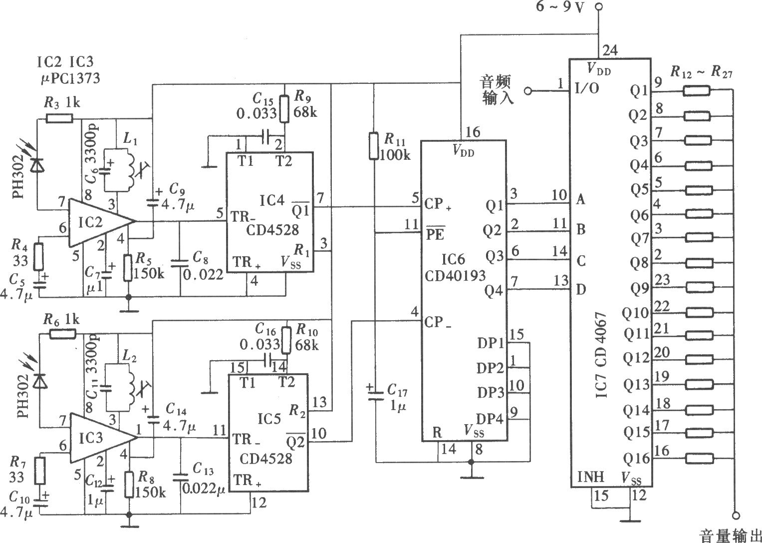 红外线遥控音量电位器(CD4528、CD40193、CD4067)