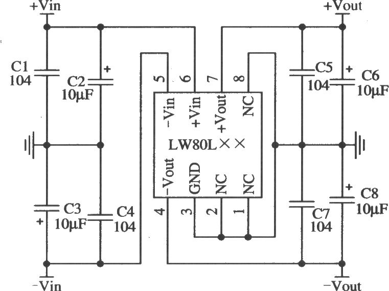 正負雙集成穩壓器LW80L××的典型應用電路