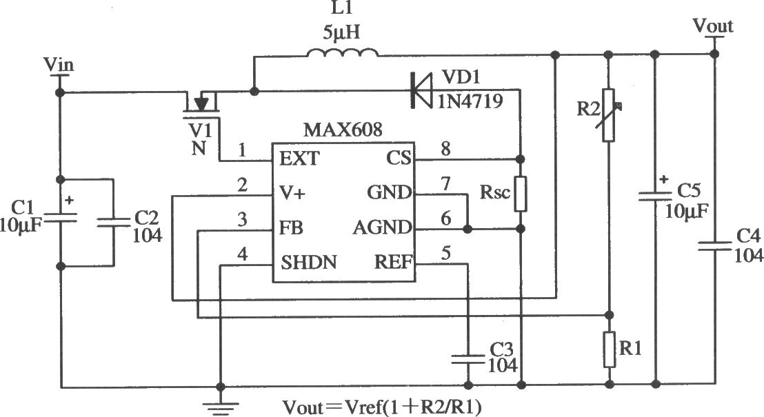MAX608构成降压型的稳压器应用电路