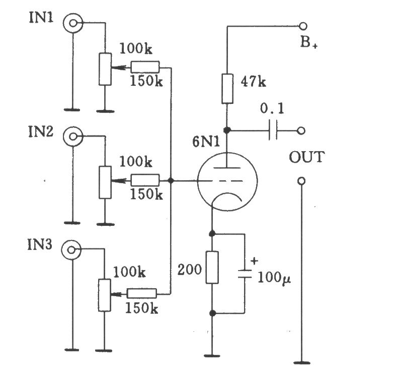 電子管單級(jí)多路通過(guò)電阻耦合的輸入電路