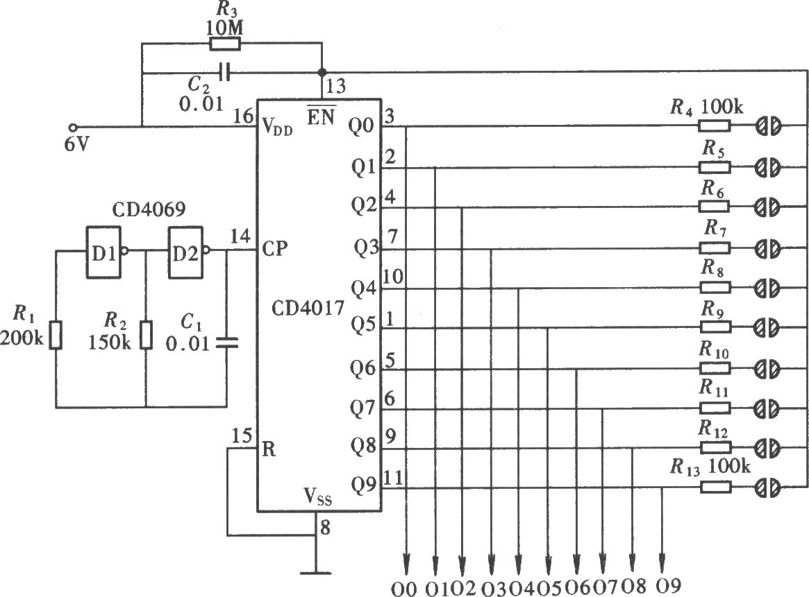 觸摸式十擋互鎖開(kāi)關(guān)控制器電路(CD4069、CD4017)