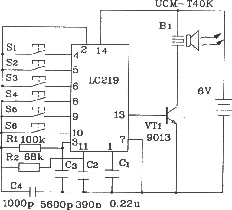 LC219/220A構成超聲波6路遙控接收應用電路圖