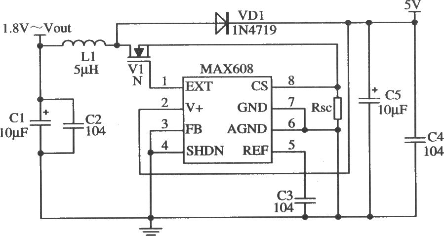 MAX608構(gòu)成固定5V輸出的應(yīng)用電路