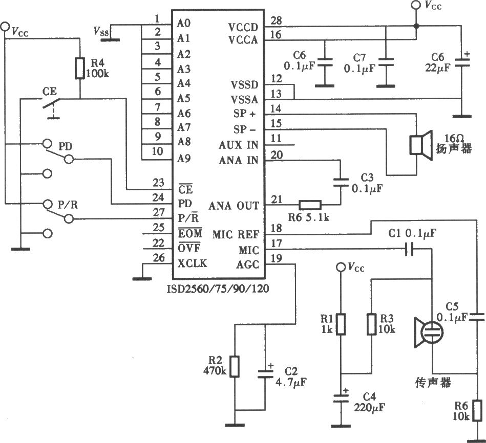 ISD2500P錄放語音電路