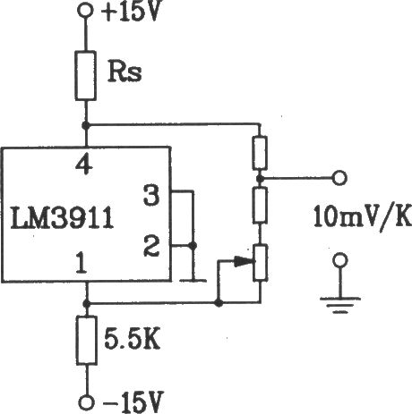 由LM3911單片溫度控制集成電路構(gòu)成的溫度過(guò)熱檢測(cè)報(bào)警電路