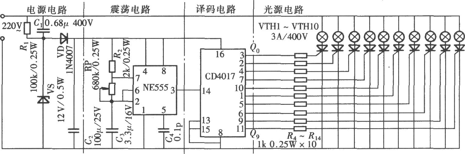 由NE555、CD4017组成的十位流动彩灯控制器