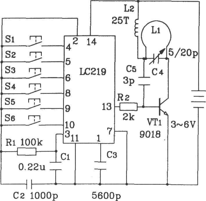 LC219/220A構(gòu)成玩逐步形具汽車無(wú)線電遙控發(fā)射、接收應(yīng)用電路圖