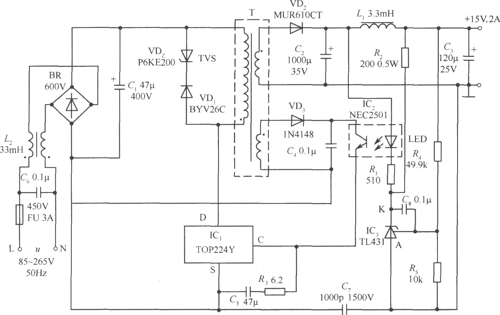 TOP224Y構成的15V,、2A輸出的直流開關電源電路