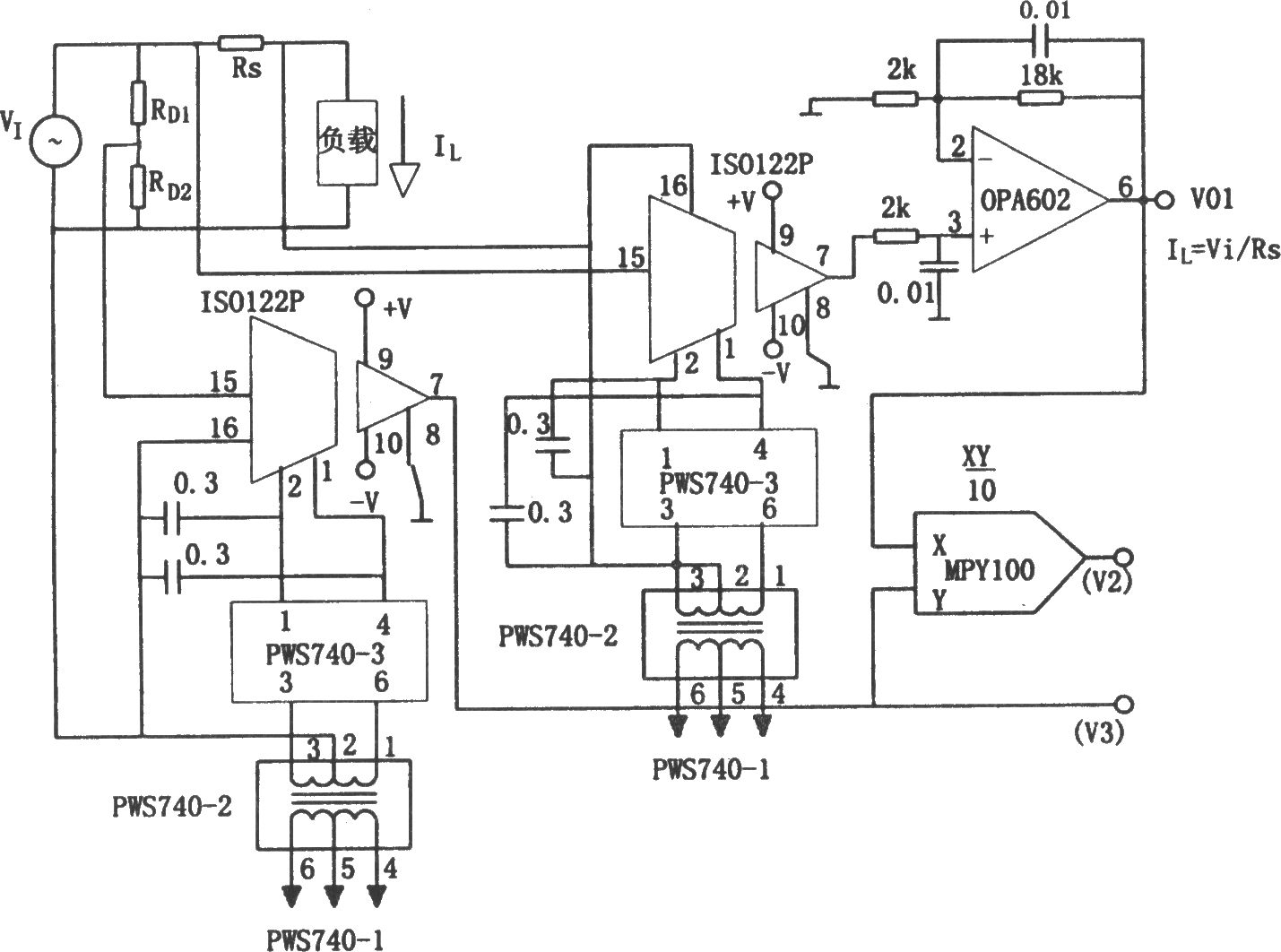 動力線負載V、I和P的隔離檢測電路(OPA602)