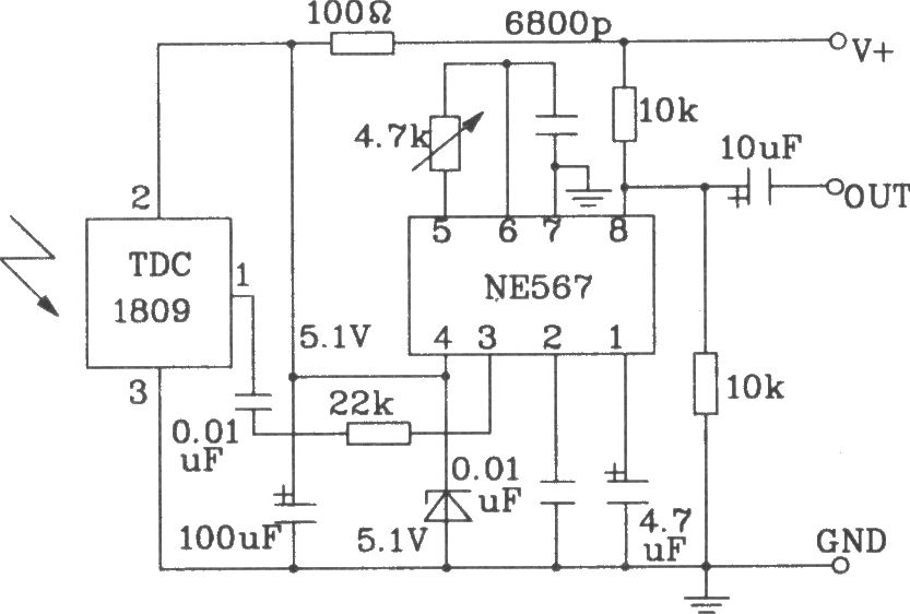 由TDC1808/1809構(gòu)成射頻單、多通道遙控發(fā)射、接收電路圖