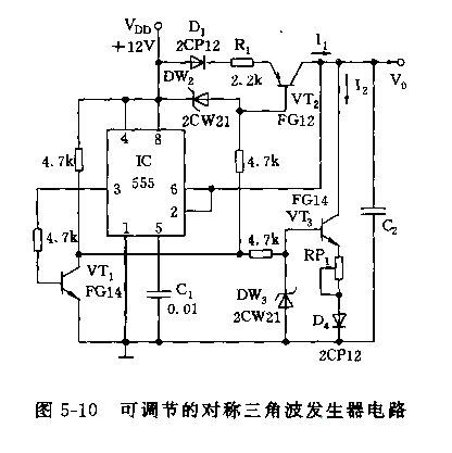 555可调节的对称三角波发生器电路
