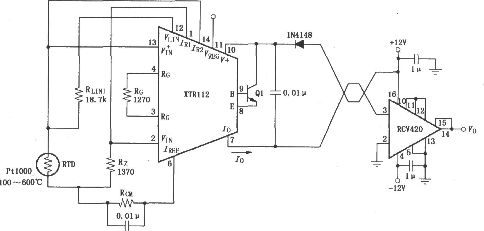 XTR112、RCV420組成的發(fā)送／接收環(huán)電路