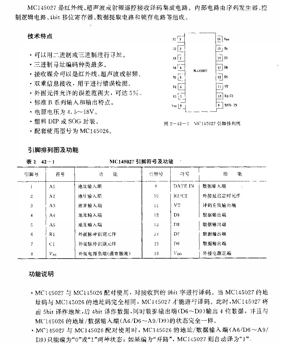 MCl45027(通用)紅針線,、超聲波或射頻遙控接收譯碼電路