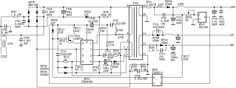 采用STR6309厚膜塊的電源電路圖