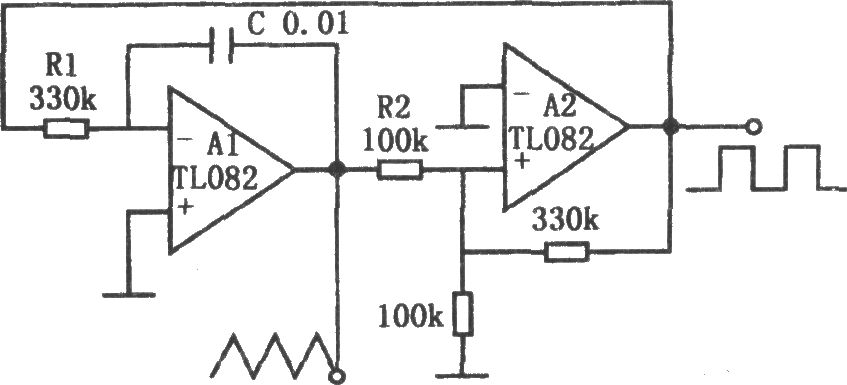 TL082構(gòu)成的簡單的三角波和方波產(chǎn)生電路