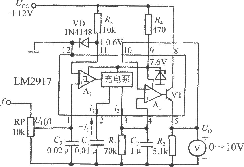 由集成轉速/電壓轉換器LM2917構成的頻率／電壓轉換電路