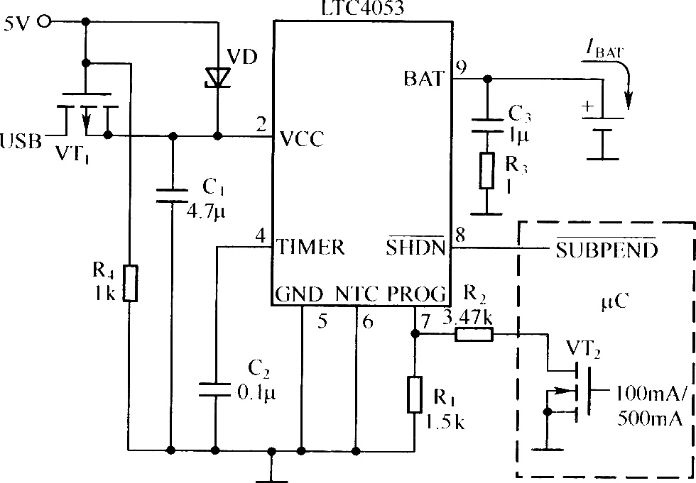 實用的USB接口鋰離子電池充電器電路(LTC4053作為控制器）