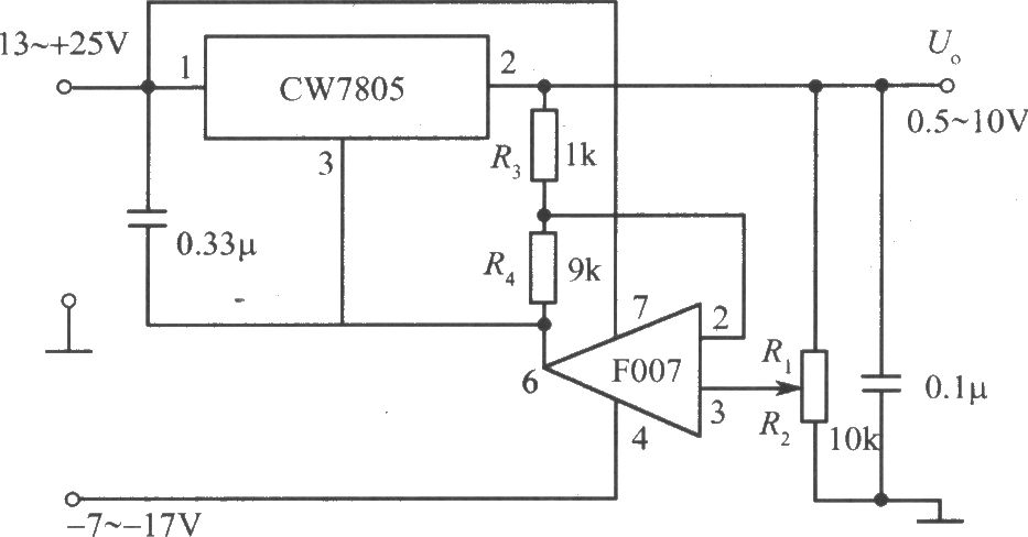 由CW7800和F007構(gòu)成的輸出電壓可下調(diào)到0.5V的集成穩(wěn)壓電源電路