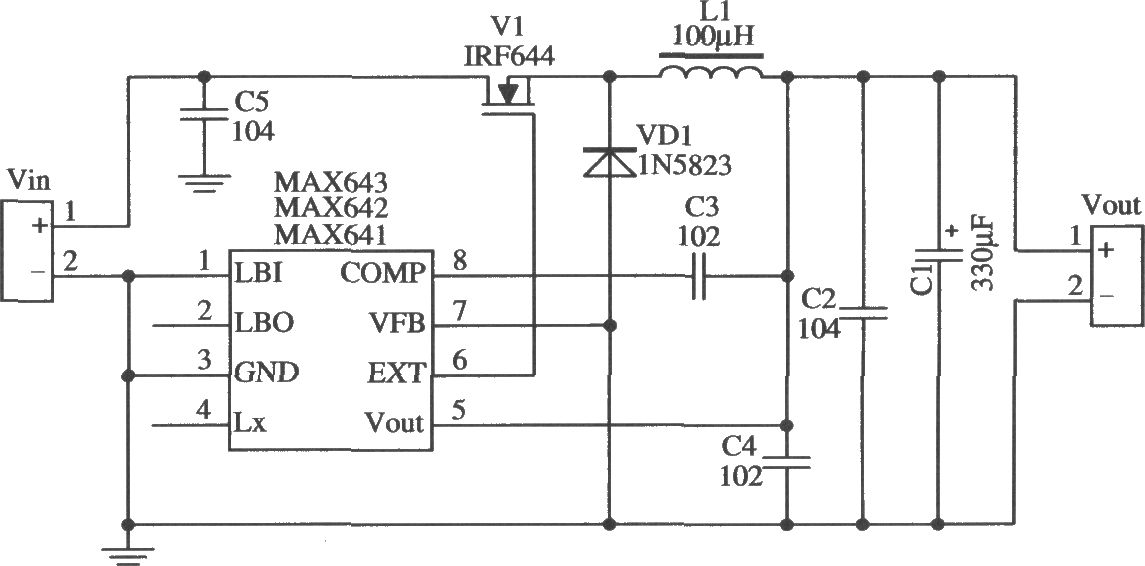 MAX641/MAX642構(gòu)成降壓型輸出電流較大的應(yīng)用電路