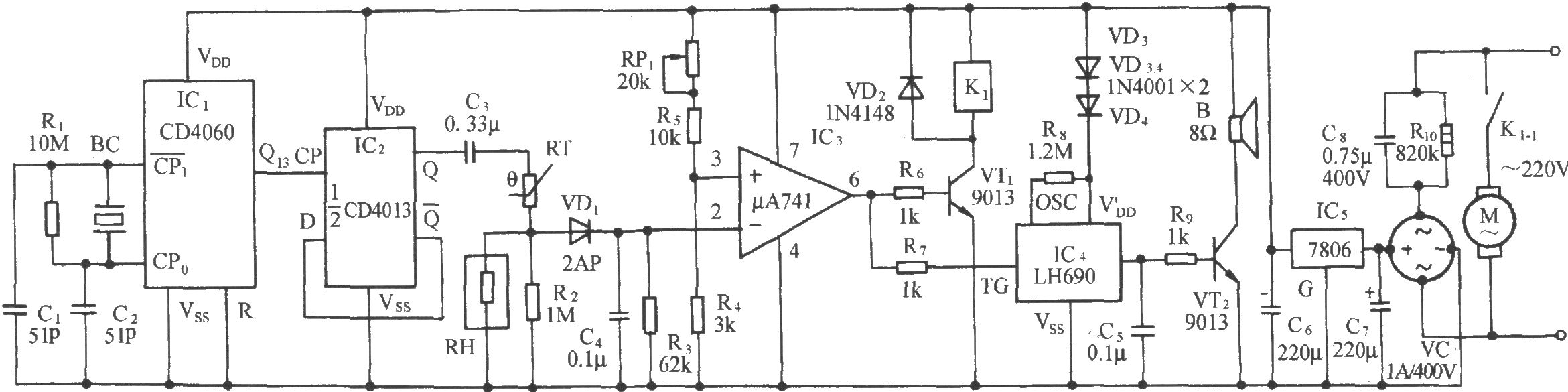 庫房濕度檢測及自動通風(fēng)排氣裝置電路(MS01-A)