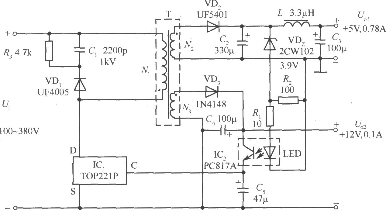 TOP221P构成的 5V、 12V双路输出4W反激式开关稳压电源电路