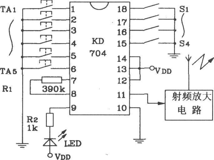 由KD704/KD705構(gòu)成的射頻遙控發(fā)射、接收電路圖