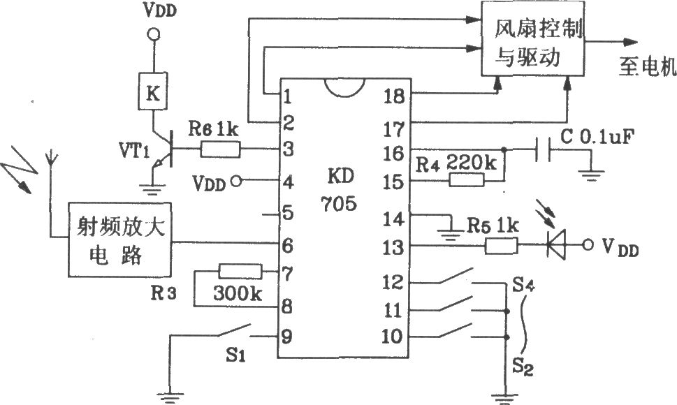 由KD704/KD705構(gòu)成的射頻遙控發(fā)射、接收電路圖