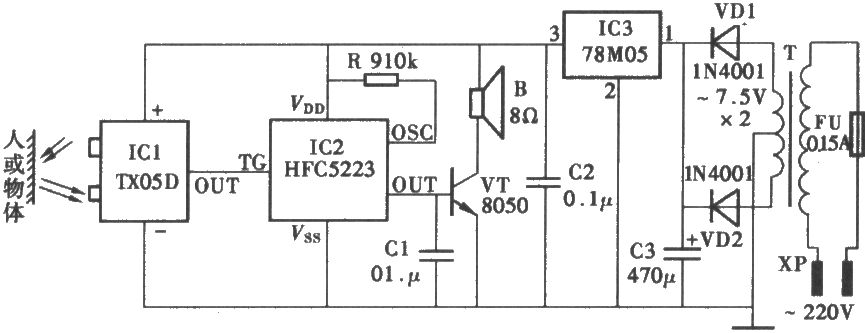 采用TX05D的红外线控制门铃电路