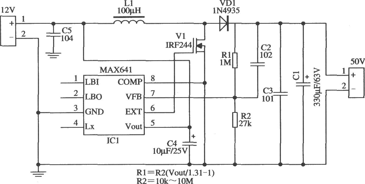 MAX641構(gòu)成的輸出電壓較高的升壓型應(yīng)用電路