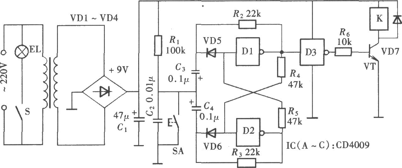 由CD4009組成的碰觸式電燈開關(guān)