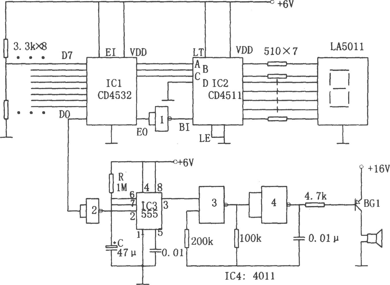 八路數(shù)字顯示優(yōu)先報(bào)警器(CD4532、CD4511、555)