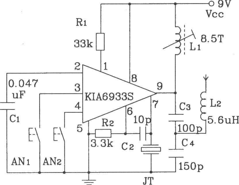 KIA6933S／6957P構(gòu)成的四動(dòng)作射頻遙控發(fā)射,、接收電路圖