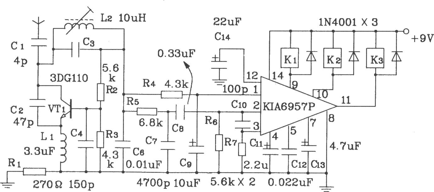 KIA6933S／6957P構(gòu)成的四動(dòng)作射頻遙控發(fā)射、接收電路圖