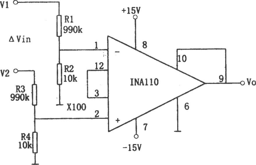 INA110構成的共模電壓可達±1000V的差動放大器