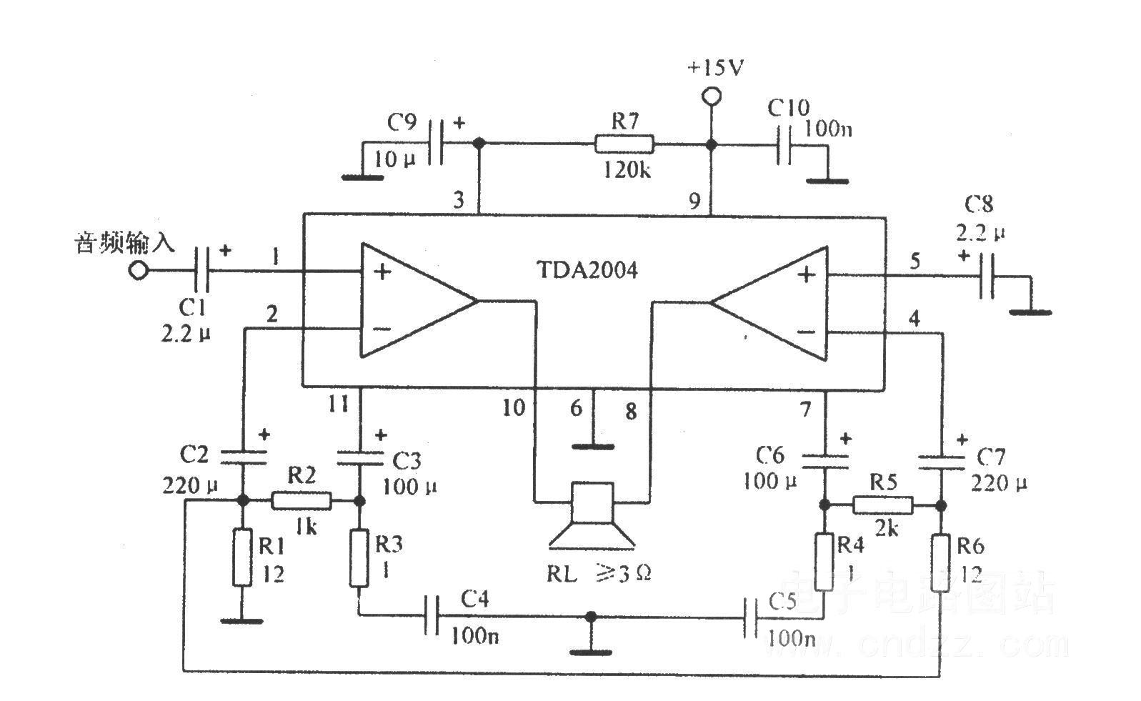 音頻功放TDA2004應(yīng)用電路