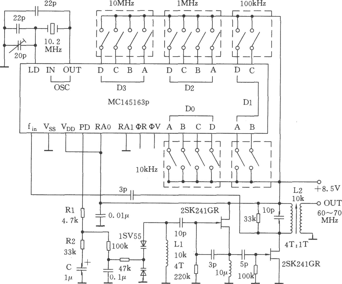 采用MC145163P構(gòu)成的輸出頻率范圍為60～70MHz的PLL頻率合成器電