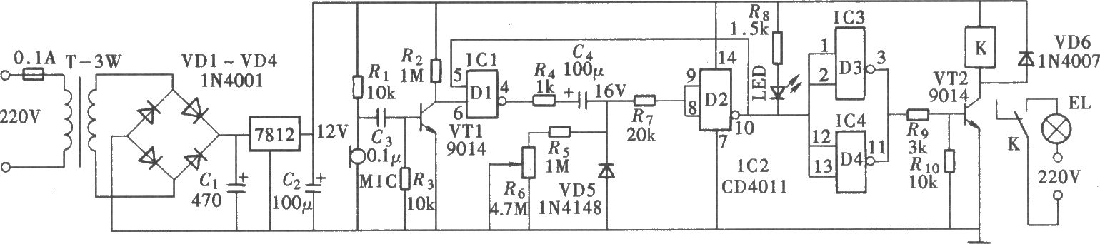 由CD4011構(gòu)成的長(zhǎng)延時(shí)聲控照明燈開(kāi)關(guān)電路