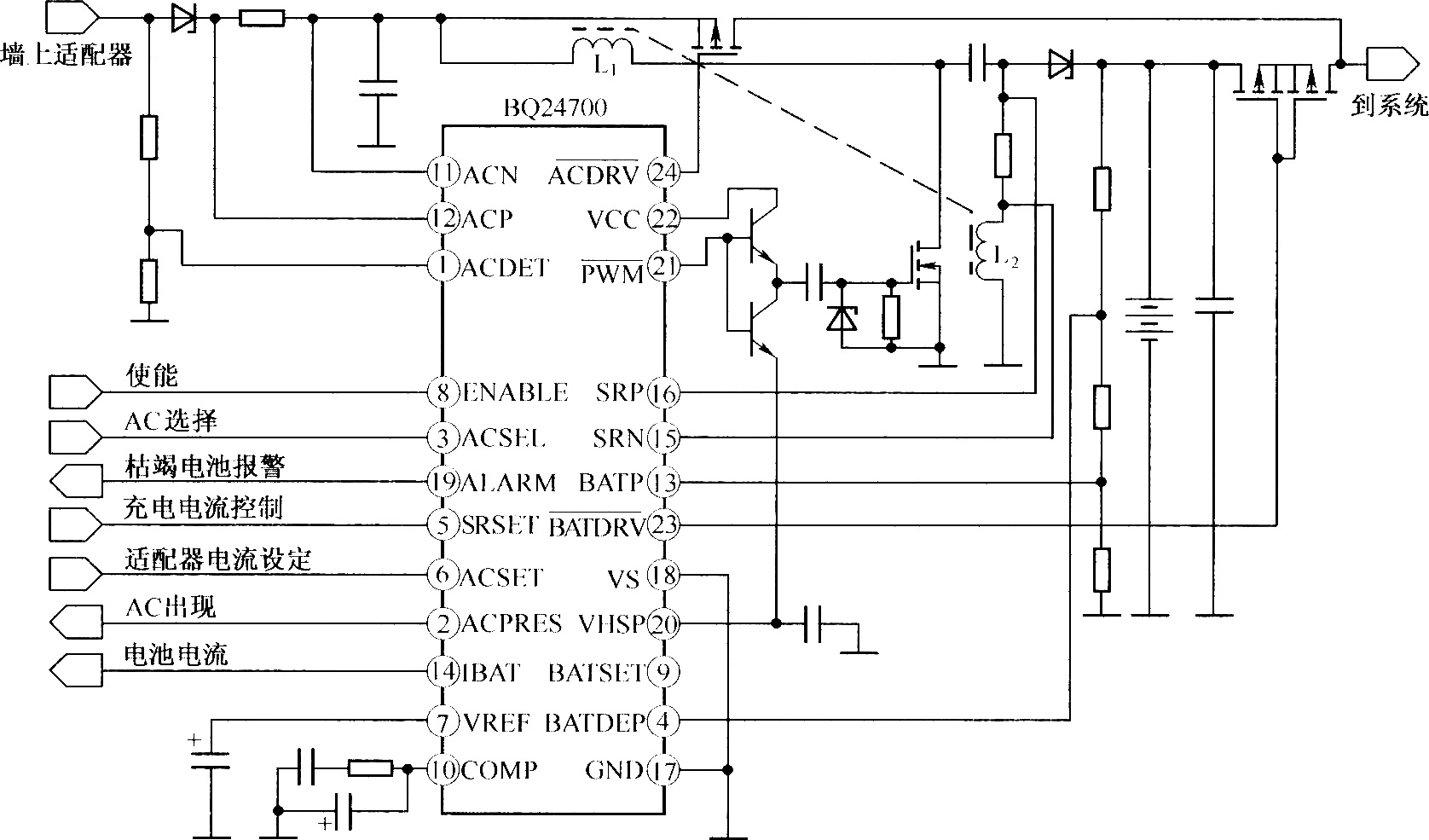 由BQ24007組成的單端初級電感變換器的拓撲結構