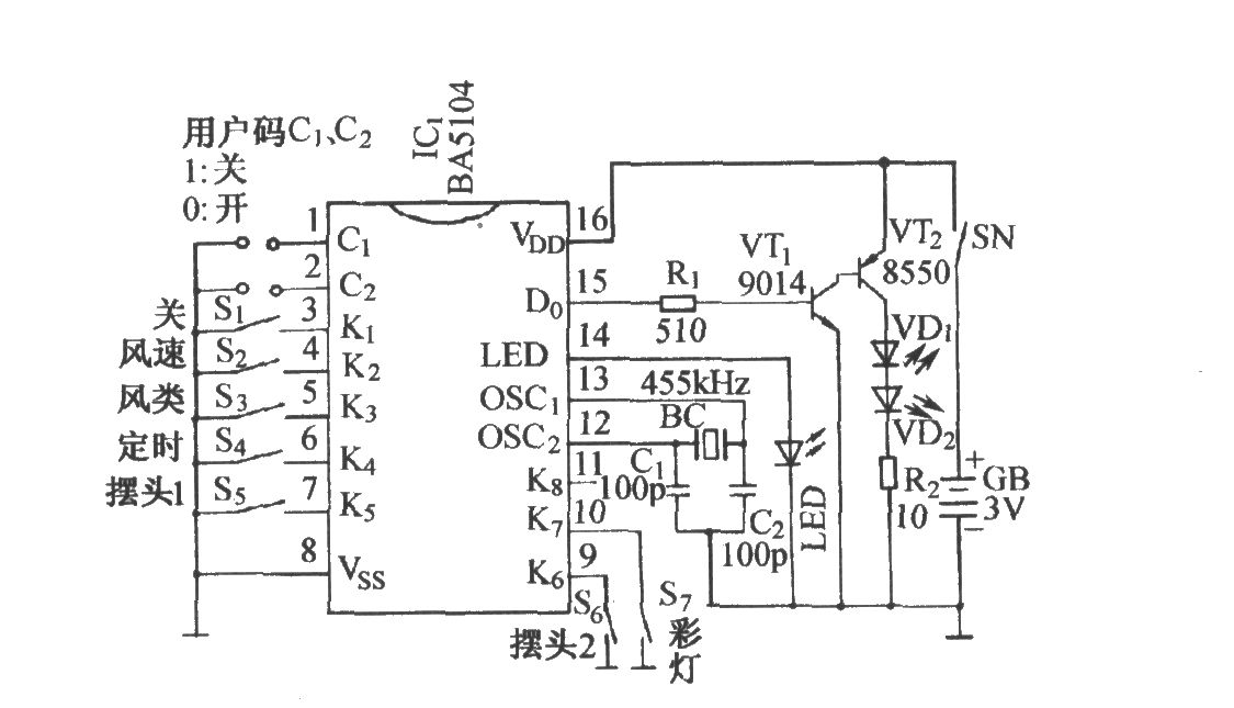 BA5104／BA8207K紅外遙控多功能電風(fēng)扇伴蟋蟀聲控制電路