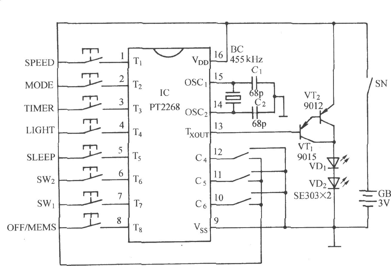 用PT2128/PT2268的全功能遙控電風扇電路